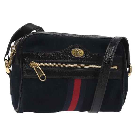 GUCCI Ofdea Sherry Line Shoulder Bag Suede Navy Gold - Picture 1 of 16